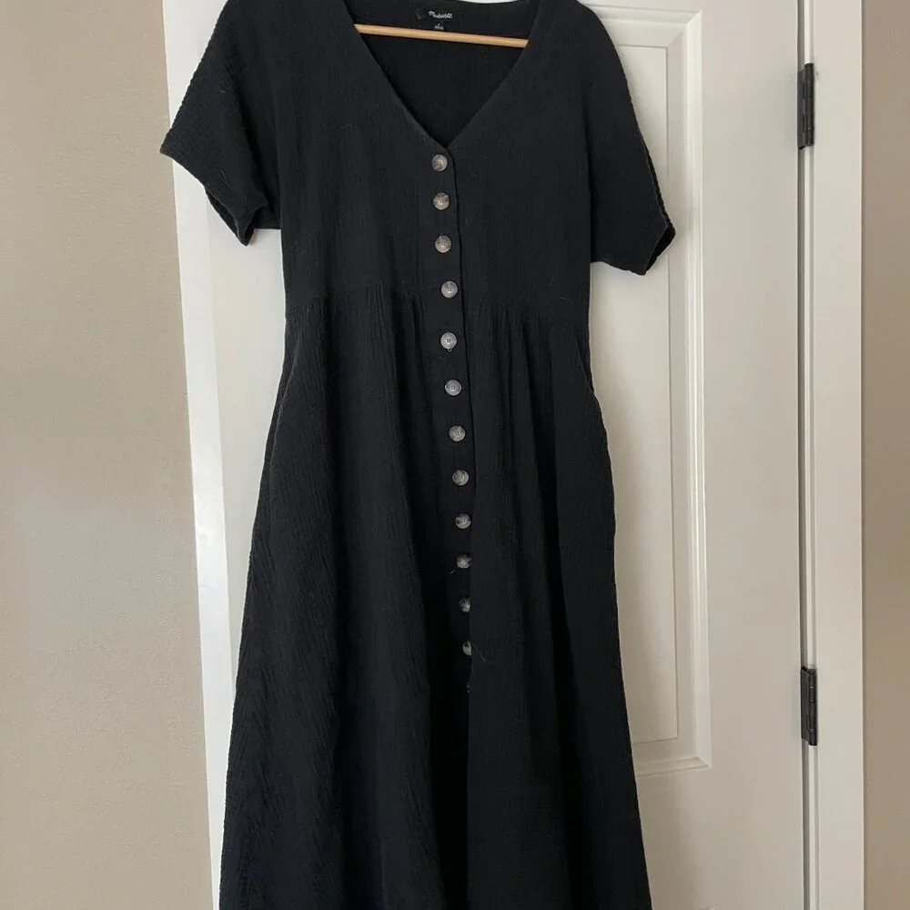 Madewell Nima Double Face Cotton Gauze Button Front Midi Dress - Black sz. S - Picture 4 of 4
